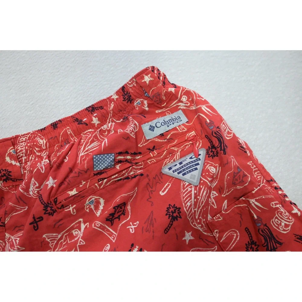 Columbia PFG Fishing Swim Trunks Shorts Mens Medium Red Patriotic Flag Marlin